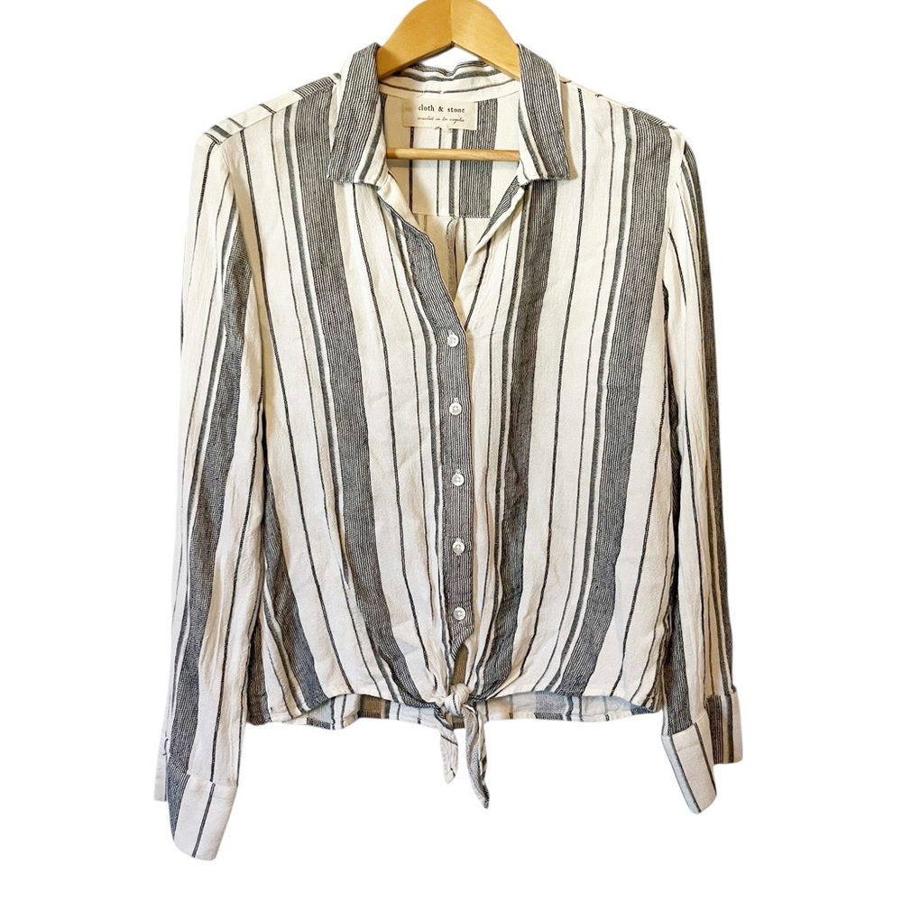 Cloth & Stone Anthropologie Linen Blend Striped Button-Down Tie Waist Shirt